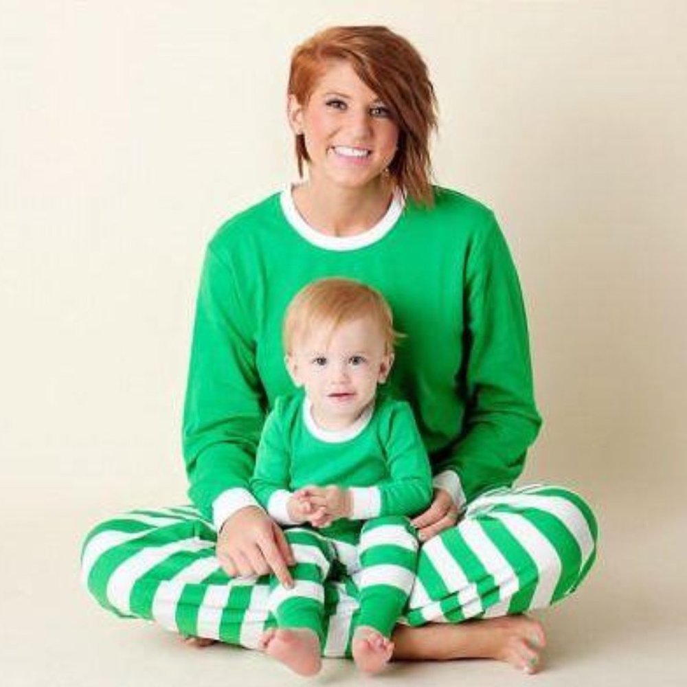 Matching Green White Striped Winter Christmas Family Pajamas PJs Men Women Kids